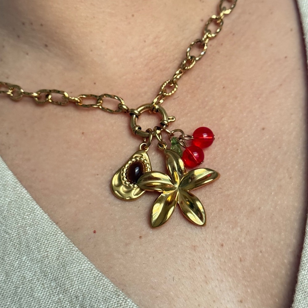 Gold Chain Necklace with Strawberry and Flower Charms - Picture 4 of 7